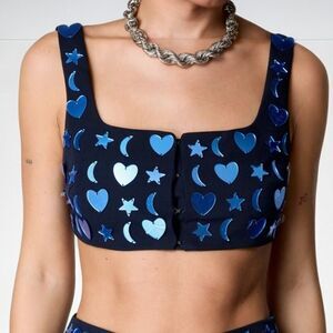 Nasty Gal Mirrored Charm Heart Moon Stars Crop Bralette Navy 8 NWT $107